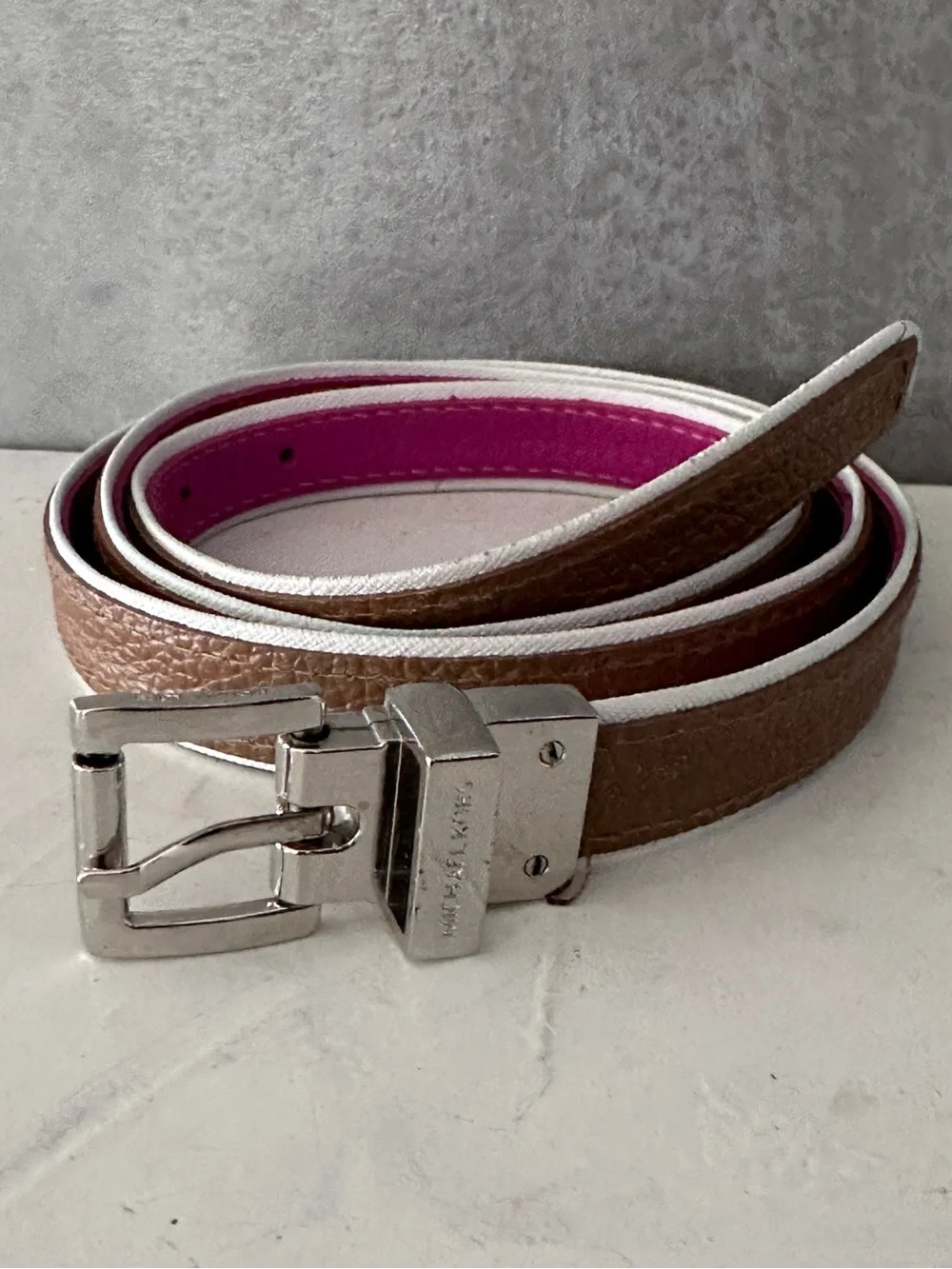 Michael Kors Reversible Belt PINK CANVAS BROWN LEATHER LARGE